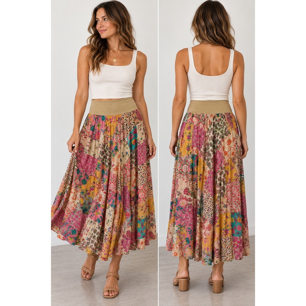 Gypsy Rose Patchwork Floral Maxi Skirt Boho Hippie Festival Cotton Handmade